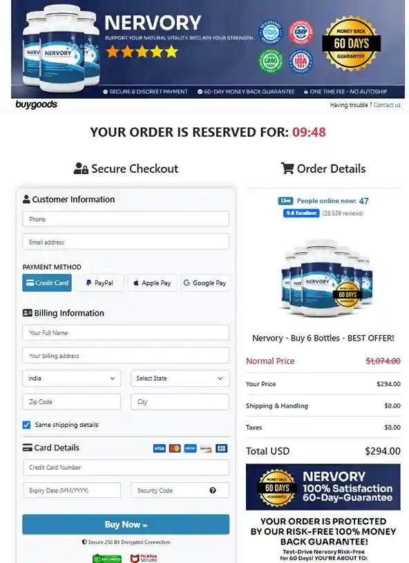 Nervory Secure Order Page — Checkout